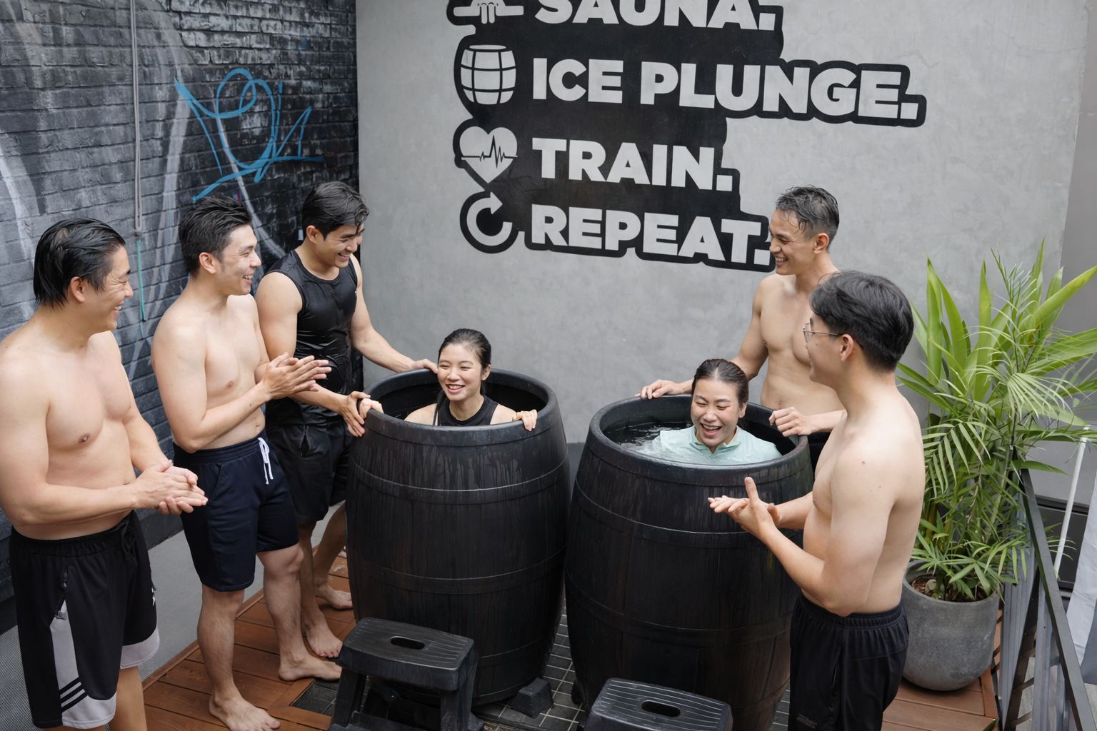 Wellness floor: ice barrels, hot bath, pool